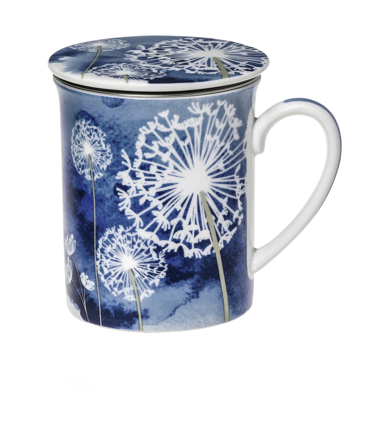 mug bleu avec filtre et couvercle
