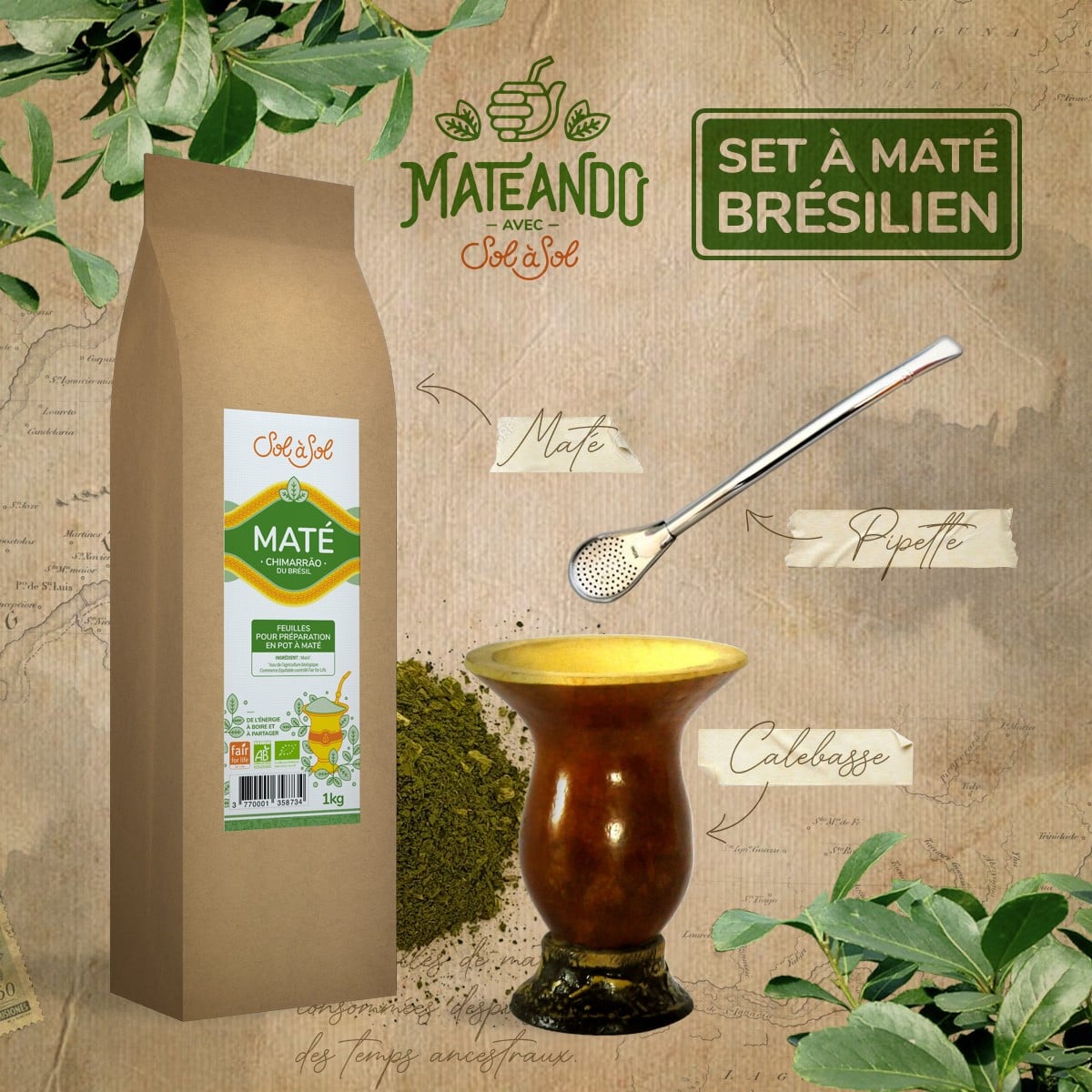 Set à maté chimarrao calebasse, pipette Sol à Sol